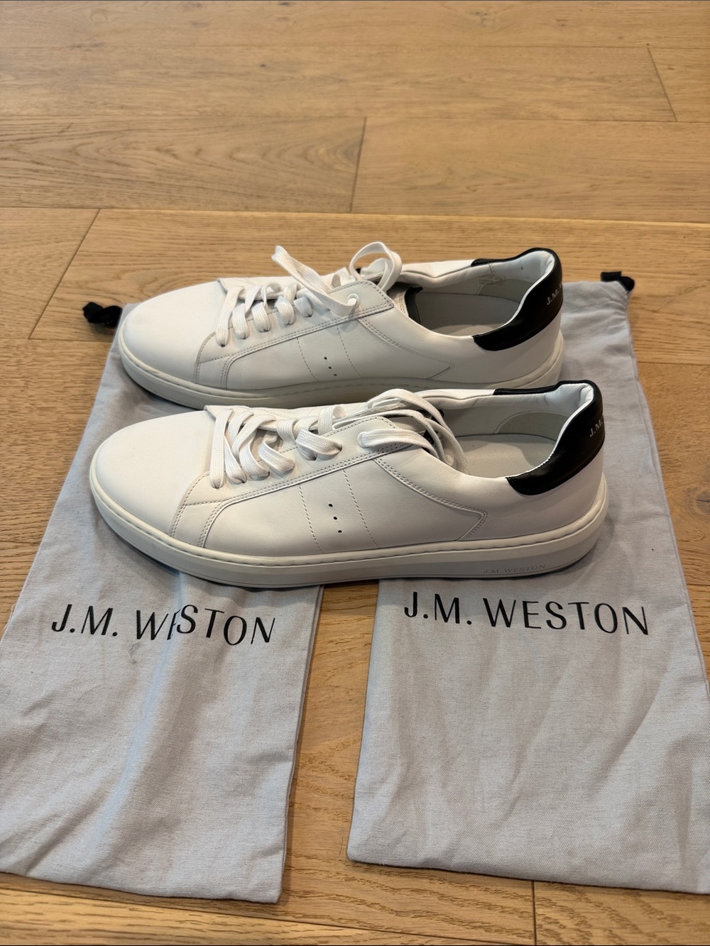 JM Weston Men's White Leather Sneakers with Black Heel Tab size 10.5